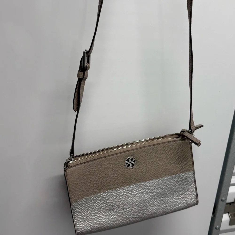 Tory Burch silver tan crossbody leather bag